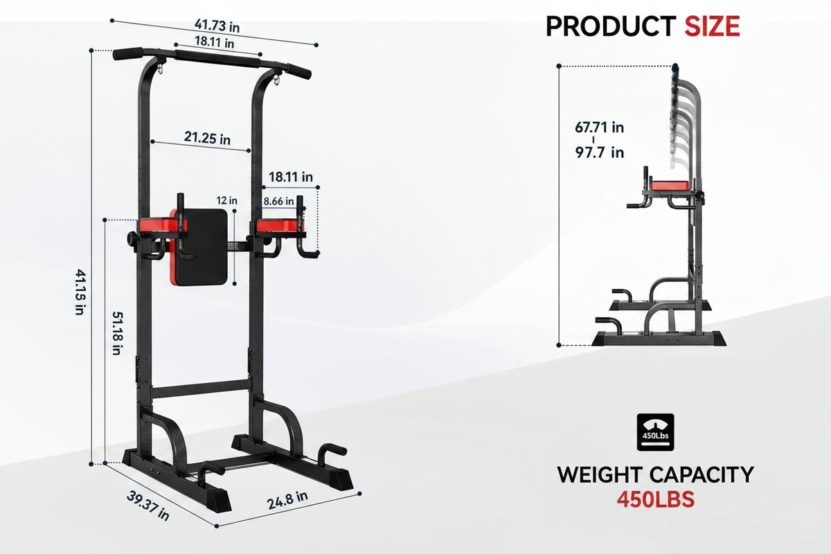 Heavy-duty 450LB Power Tower Pull-Up & Dip Station Home Gym dimensions and weight capacity illustration.