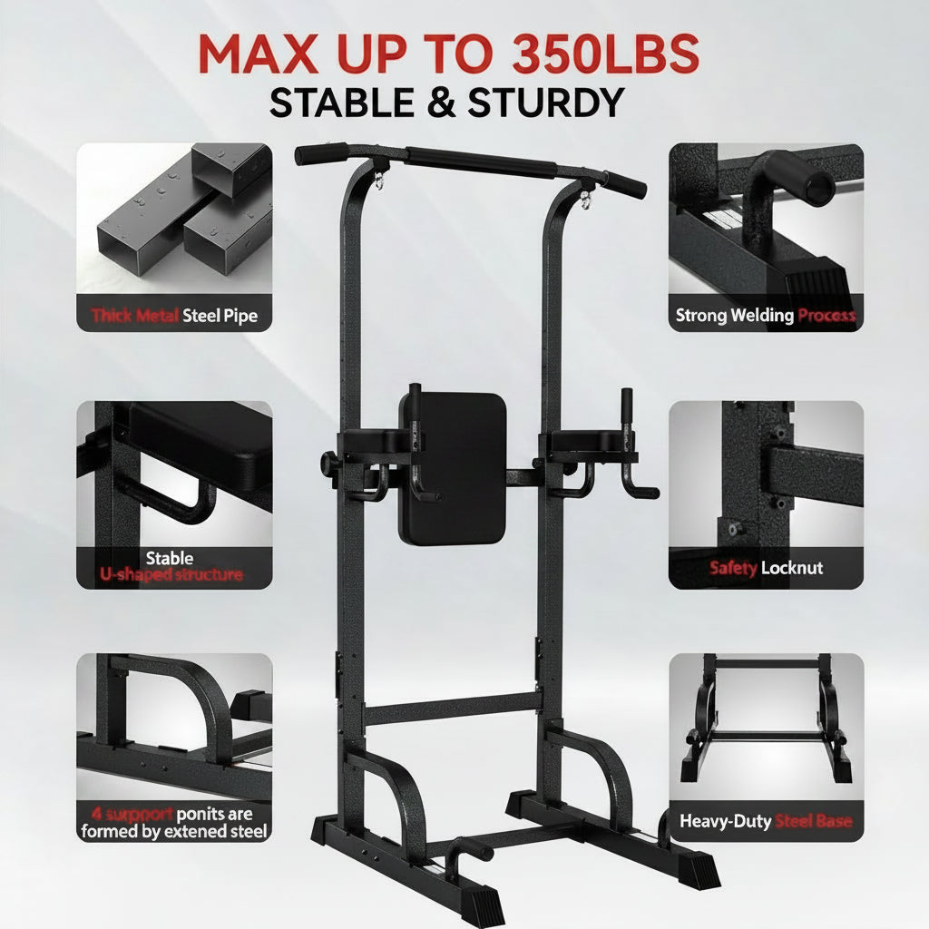 Heavy-duty 450LB Power Tower Pull-Up & Dip Station Home Gym features a sturdy design with safety lock and strong frame.