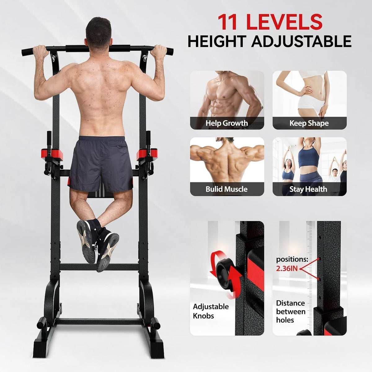 Man using Heavy-duty 450LB Power Tower Pull-Up & Dip Station Home Gym, adjustable for varied workouts.
