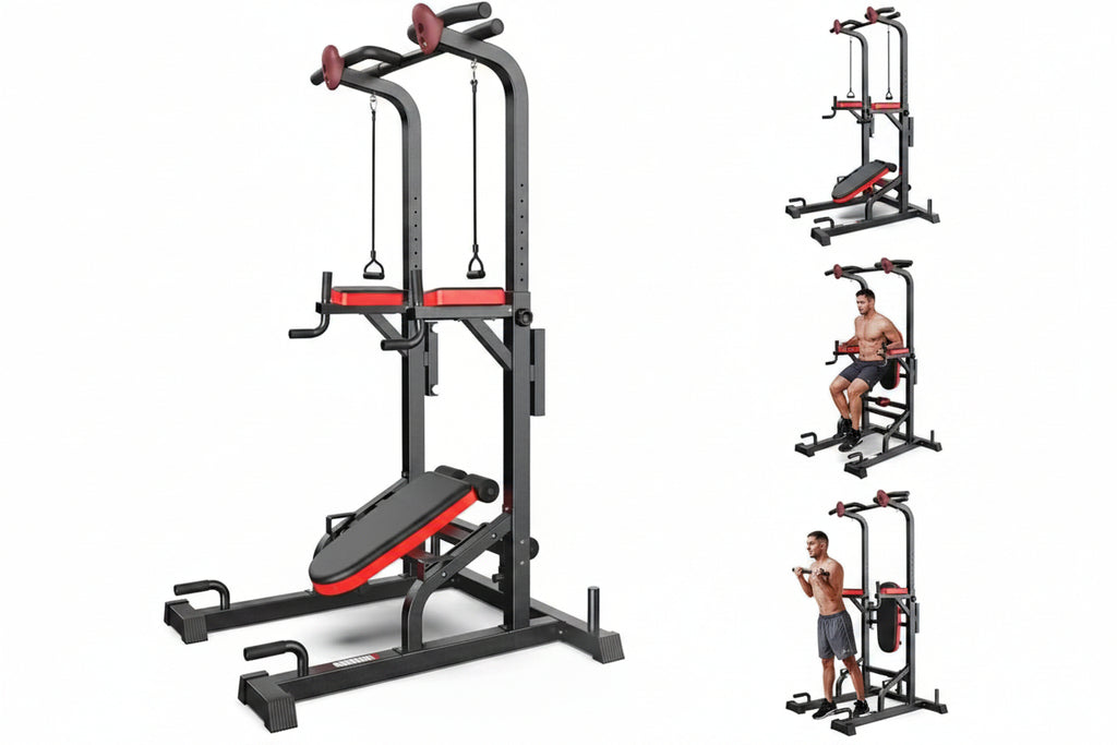 Heavy-duty 450LB Power Tower Pull-Up & Dip Station Home Gym for strength training with adjustable features.