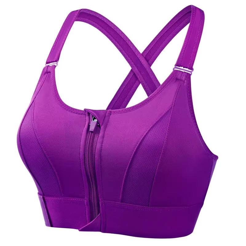 Front-Zip High-Impact Sports Bra – Adjustable Support for Active Women in vibrant purple color, featuring front zipper closure and crisscross straps.