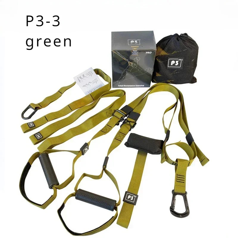 Adjustable Suspension Training Belt for Fitness Workouts with green straps and accessories.