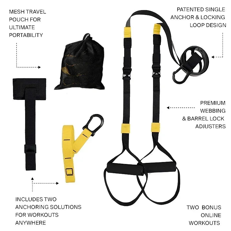 Adjustable Suspension Training Belt for Fitness Workouts with portable pouch, anchors, and webbing features.