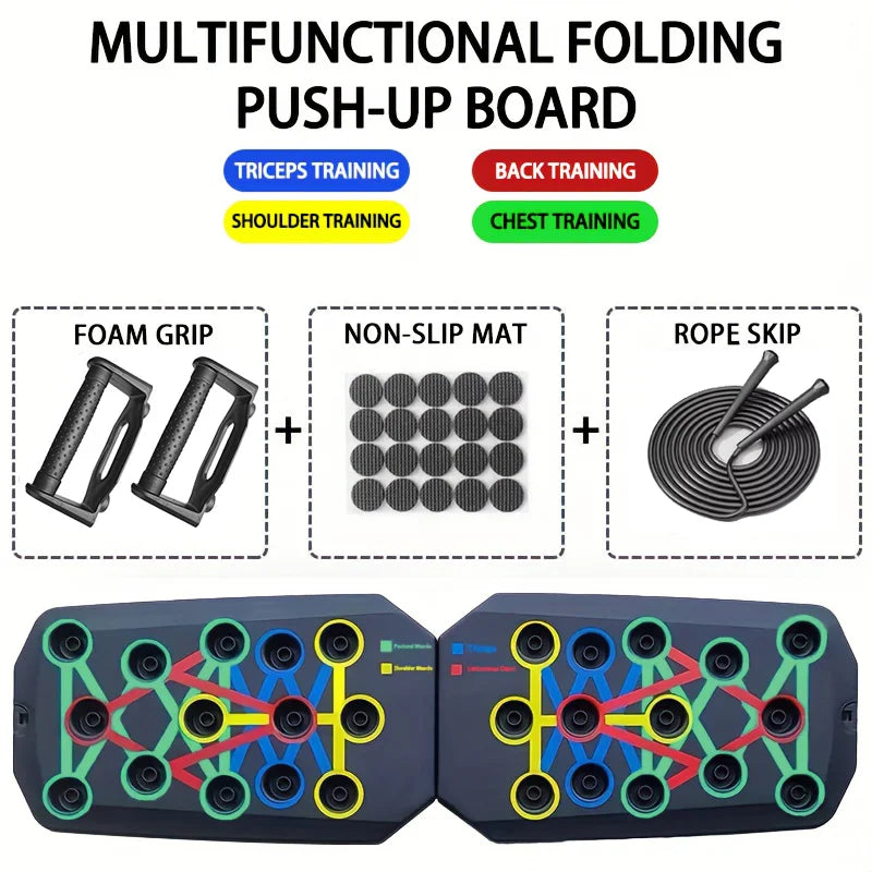 Portable Multifunctional Push-up Board Set with foam grips, non-slip mat, and rope for enhanced training.