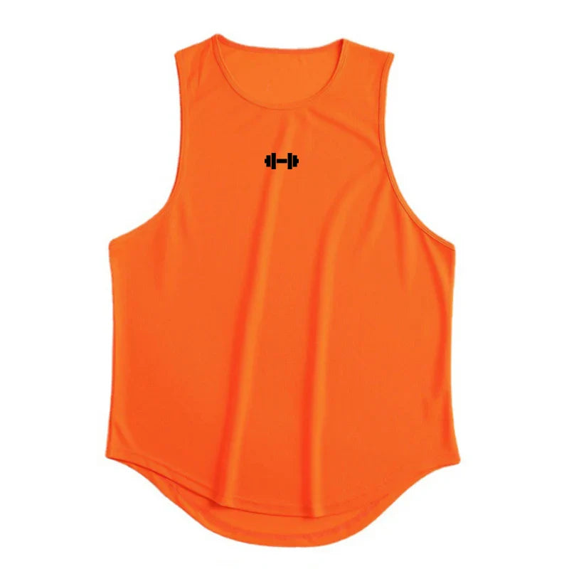Summer Men's Gym Tank Top in vibrant orange color with a dumbbell graphic, ideal for workouts and casual wear.