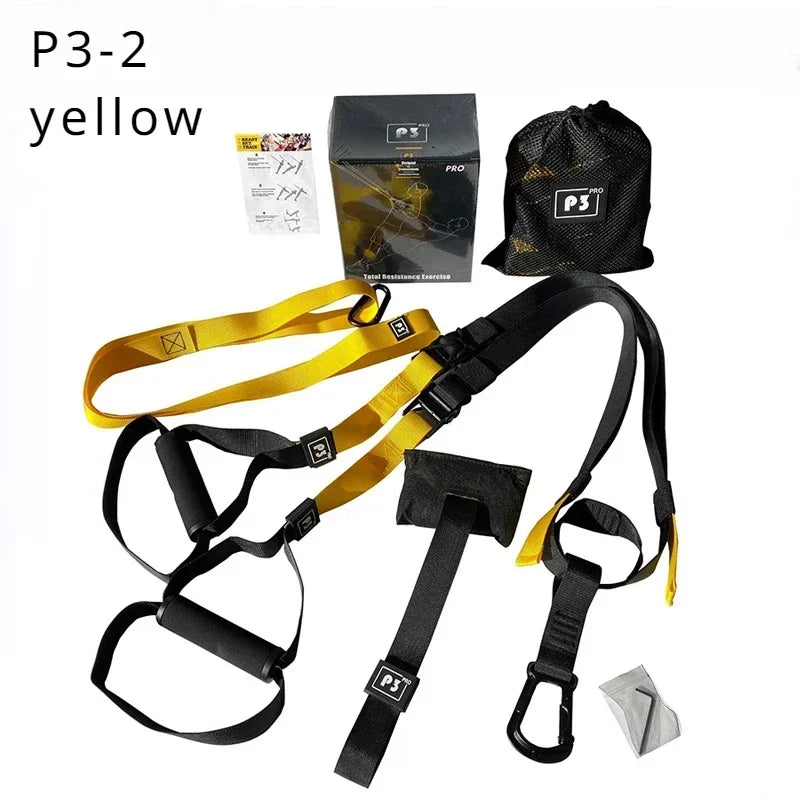 Adjustable Suspension Training Belt for Fitness Workouts with accessories and instructional materials.