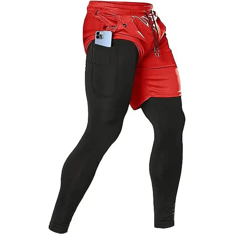 Men’s 2-in-1 Quick-Dry Training Pants showcasing a red and black design with pockets for convenience.