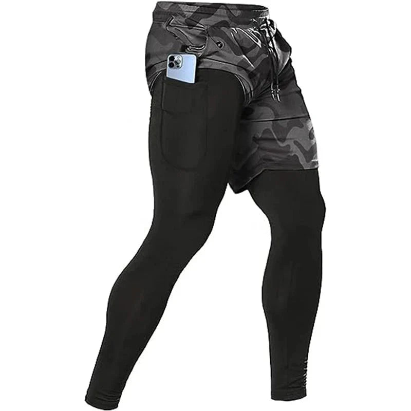 Men’s 2-in-1 Quick-Dry Training Pants featuring a built-in compression layer and phone pocket for comfort and performance.