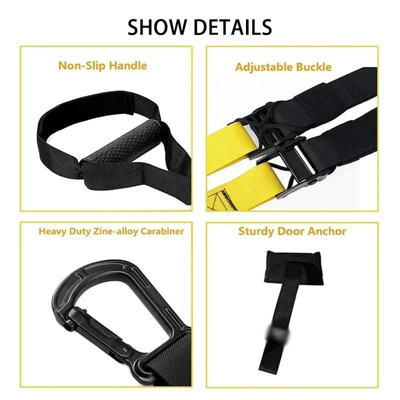 Adjustable Suspension Training Belt for Fitness Workouts components including non-slip handle, adjustable buckle, carabiner, and door anchor