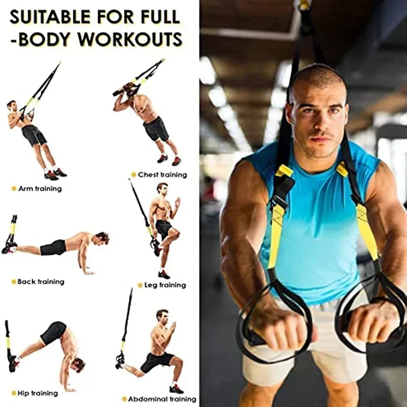 Adjustable Suspension Training Belt for Fitness Workouts with illustrations of full-body workout exercises.