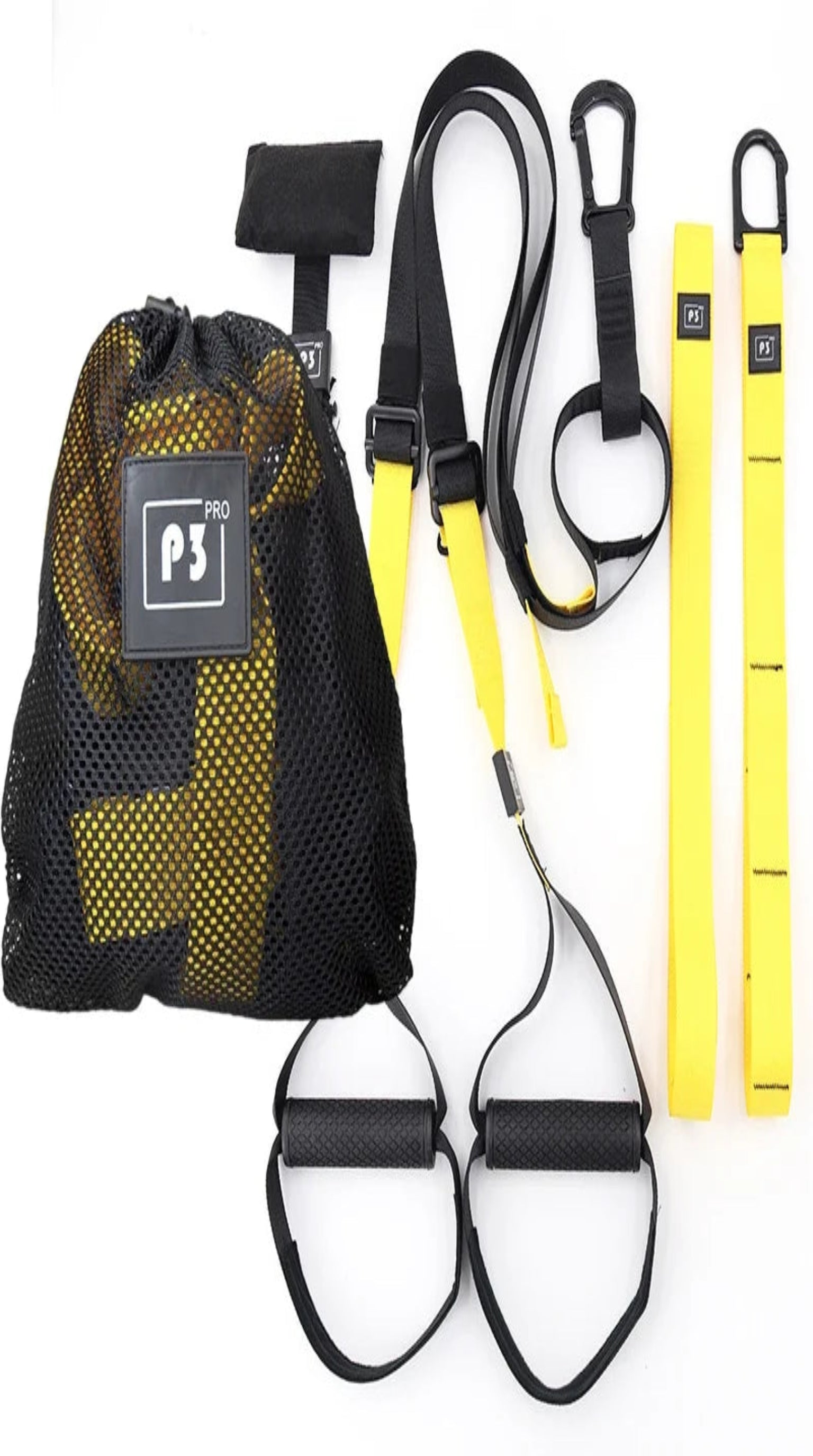 Adjustable Suspension Training Belt for Fitness Workouts with accessories in a mesh bag, perfect for versatile workouts.