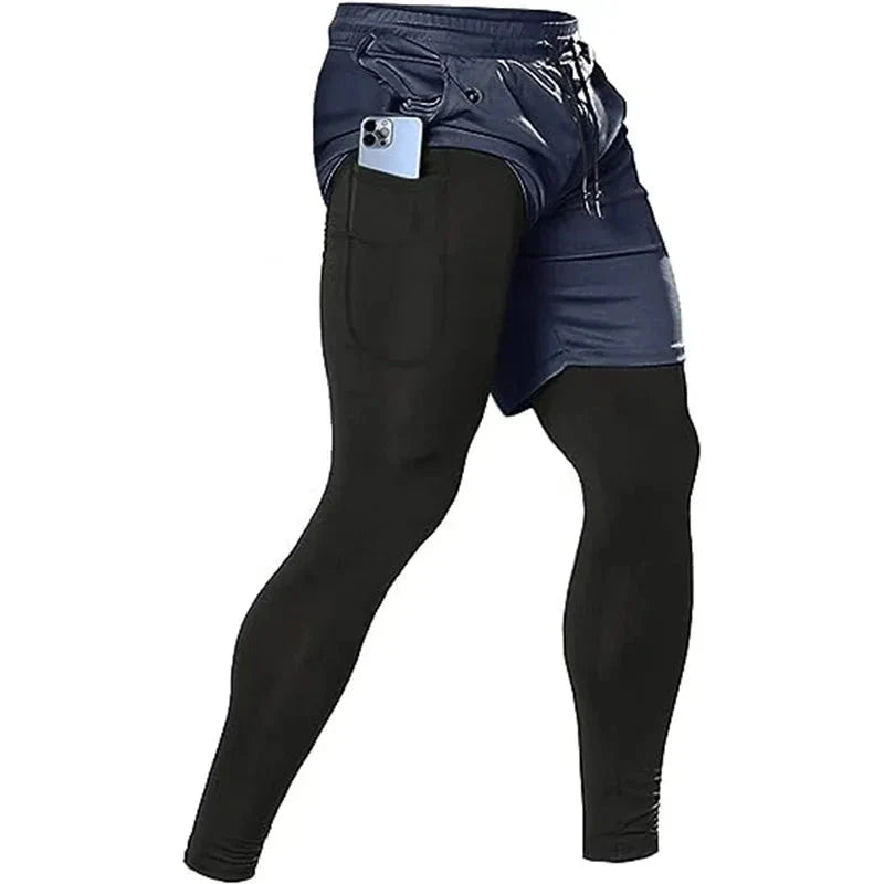 Men’s 2-in-1 Quick-Dry Training Pants featuring a built-in compression layer and side pocket.