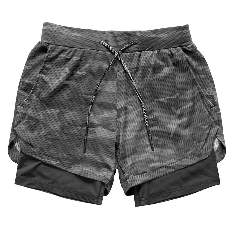 Men’s 2-in-1 Camo Running Quick-Dry Gym Shorts in stylish camo design, perfect for workouts and outdoor activities.
