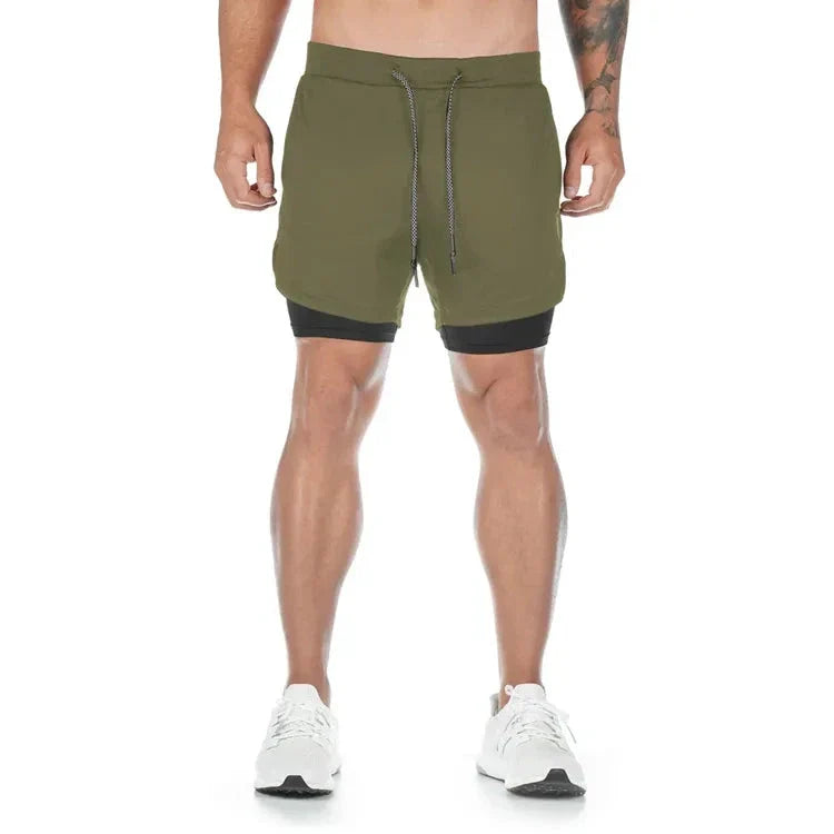 Men’s 2-in-1 Camo Running Quick-Dry Gym Shorts displayed on a model, showcasing comfort and style for workouts.