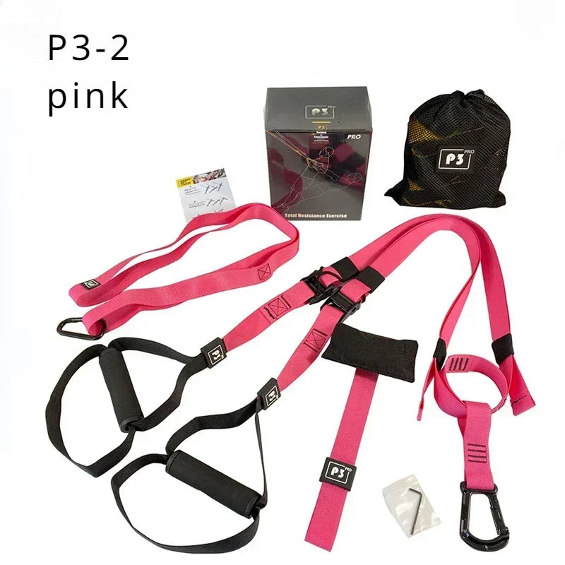 Adjustable Suspension Training Belt for Fitness Workouts in pink, including all accessories for varied exercises.