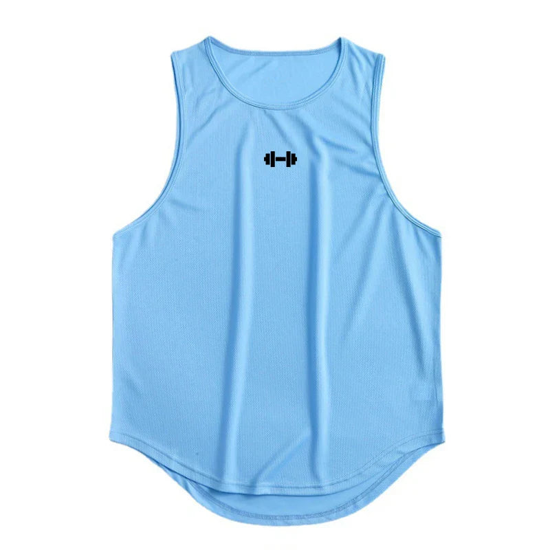 Summer Men's Gym Tank Top in blue color with dumbbell logo on front.
