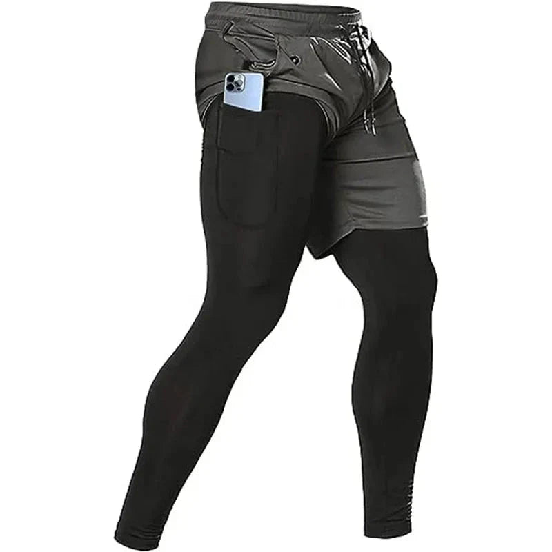 Men’s 2-in-1 Quick-Dry Training Pants featuring a built-in compression layer and pocket for phone.