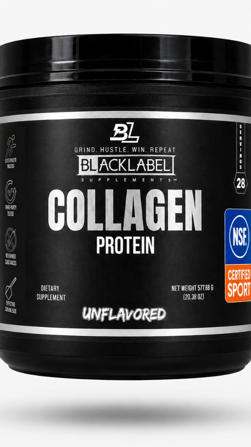 BLACKLABEL COLLAGEN PROTEIN SUPPLEMENT unflavored dietary supplement container for active lifestyles.