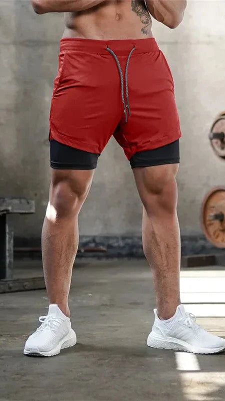Men’s 2-in-1 Camo Running Quick-Dry Gym Shorts in red and black, perfect for workouts and outdoor sports.