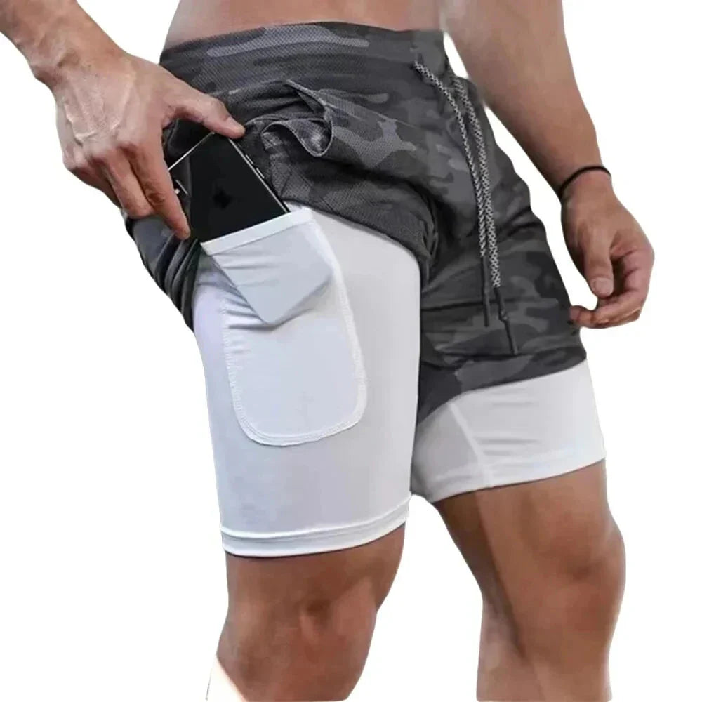 Men’s 2-in-1 Camo Running Quick-Dry Gym Shorts with phone pocket for convenient storage during workouts.