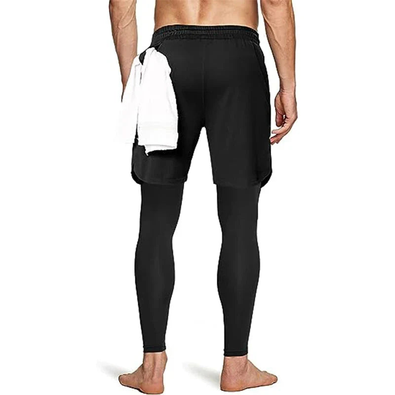 Back view of a man wearing Men’s 2-in-1 Quick-Dry Training Pants with a towel draped over his shoulder.