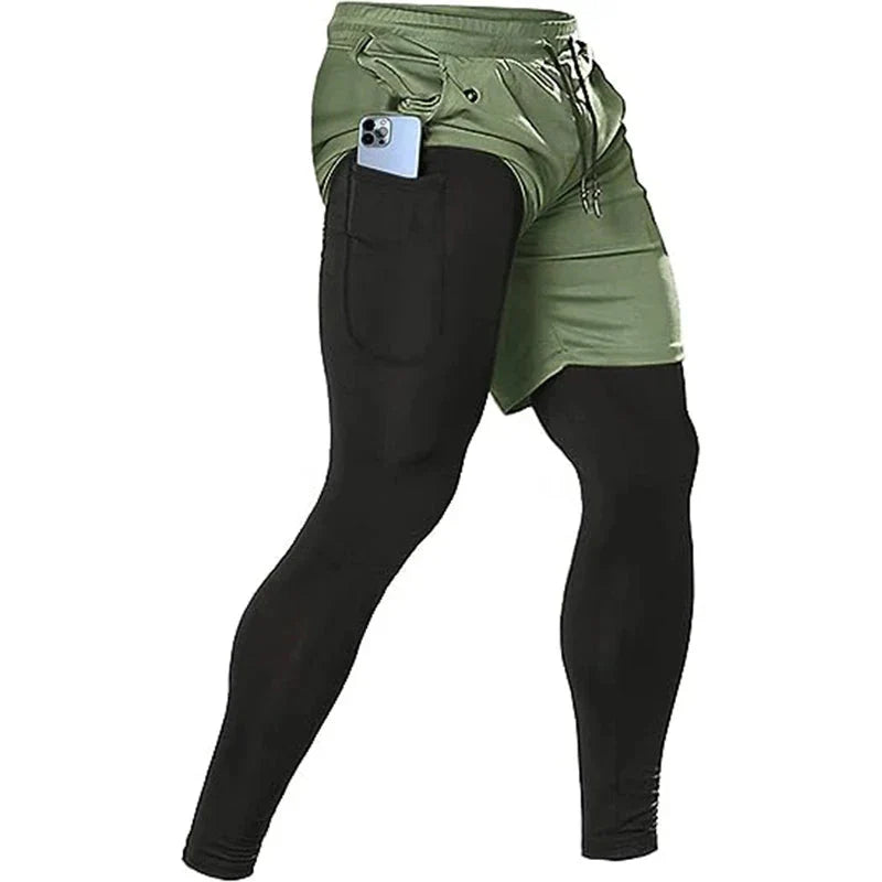 Men’s 2-in-1 Quick-Dry Training Pants featuring built-in compression and side pocket for convenience.