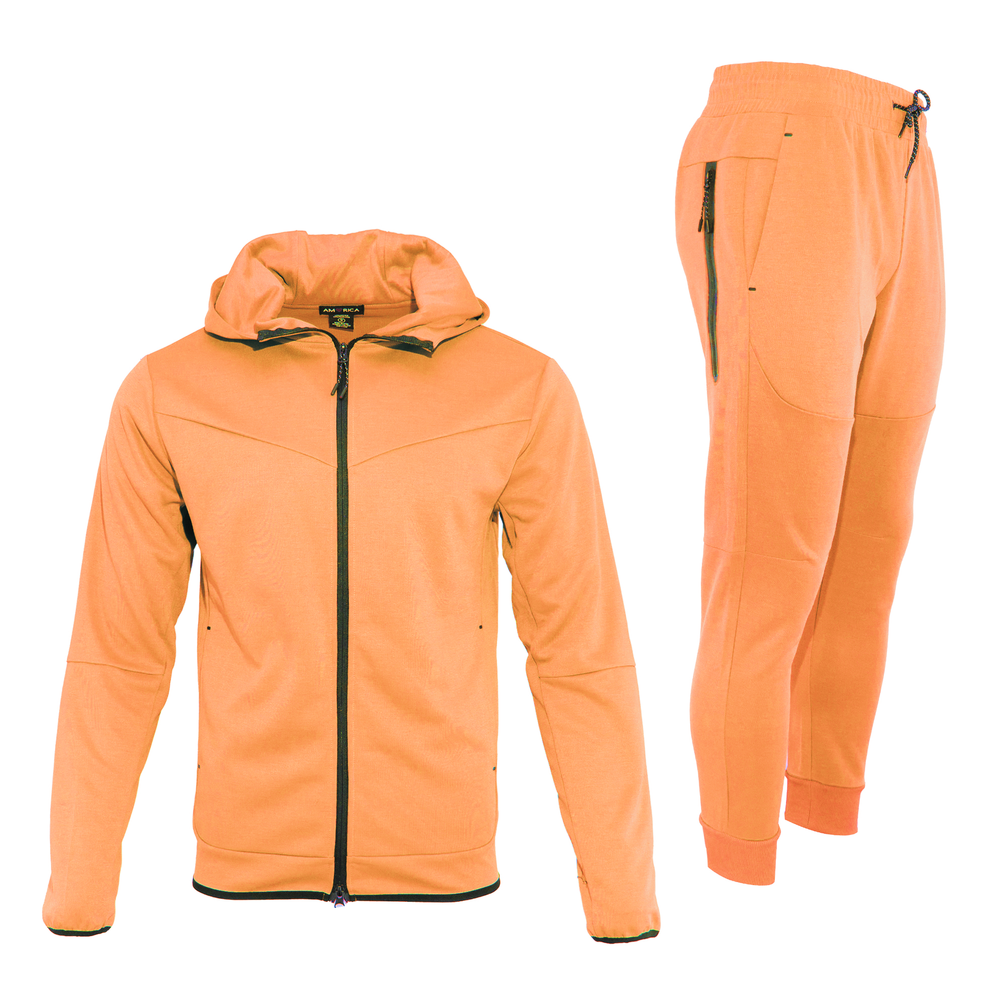 Men's Pro-Motion UltraTech Fleece Set in vibrant orange, featuring a stylish hoodie and matching joggers.