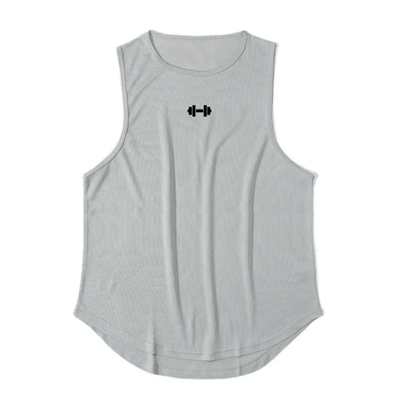 Summer Men's Gym Tank Top in light gray with a sleeveless design and barbell logo for athletic wear.