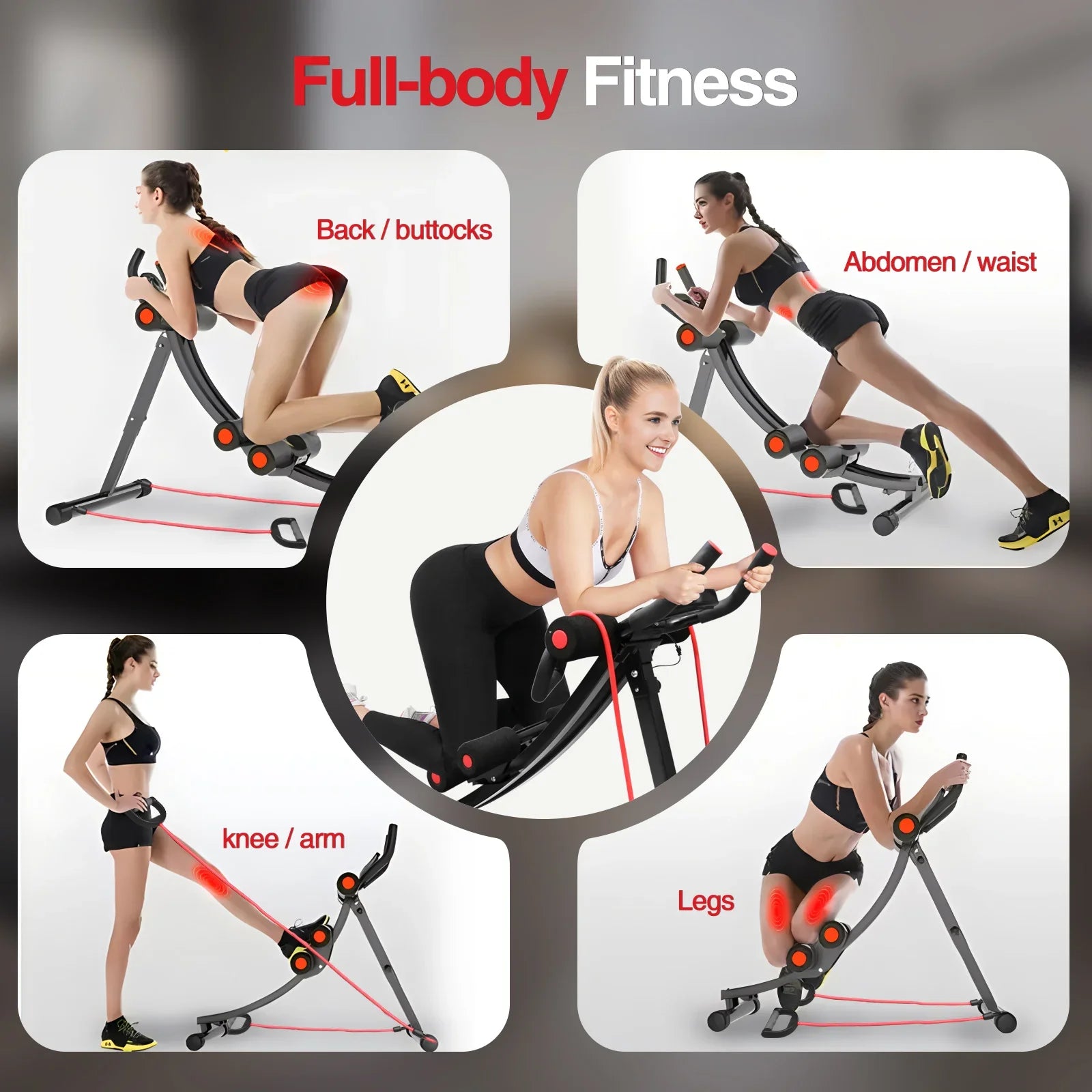 Image highlighting full-body fitness exercises using a foldable ab machine for home gym, targeting various muscle groups.