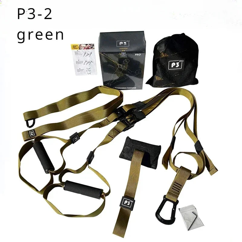 Adjustable Suspension Training Belt for Fitness Workouts accessories including straps, handles, and carrying bag.