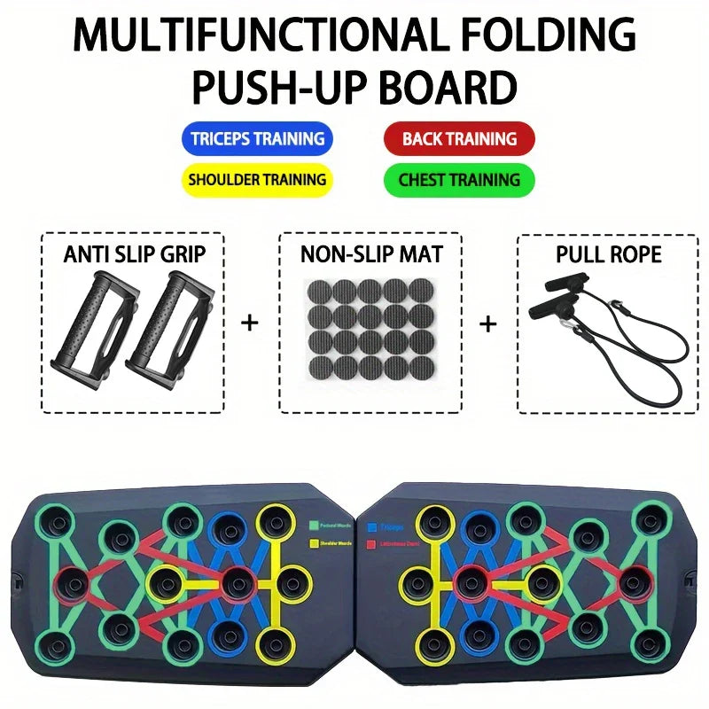 Portable Multifunctional Push-up Board Set with triceps, back, shoulder, and chest training features, anti-slip grips, and pull rope.