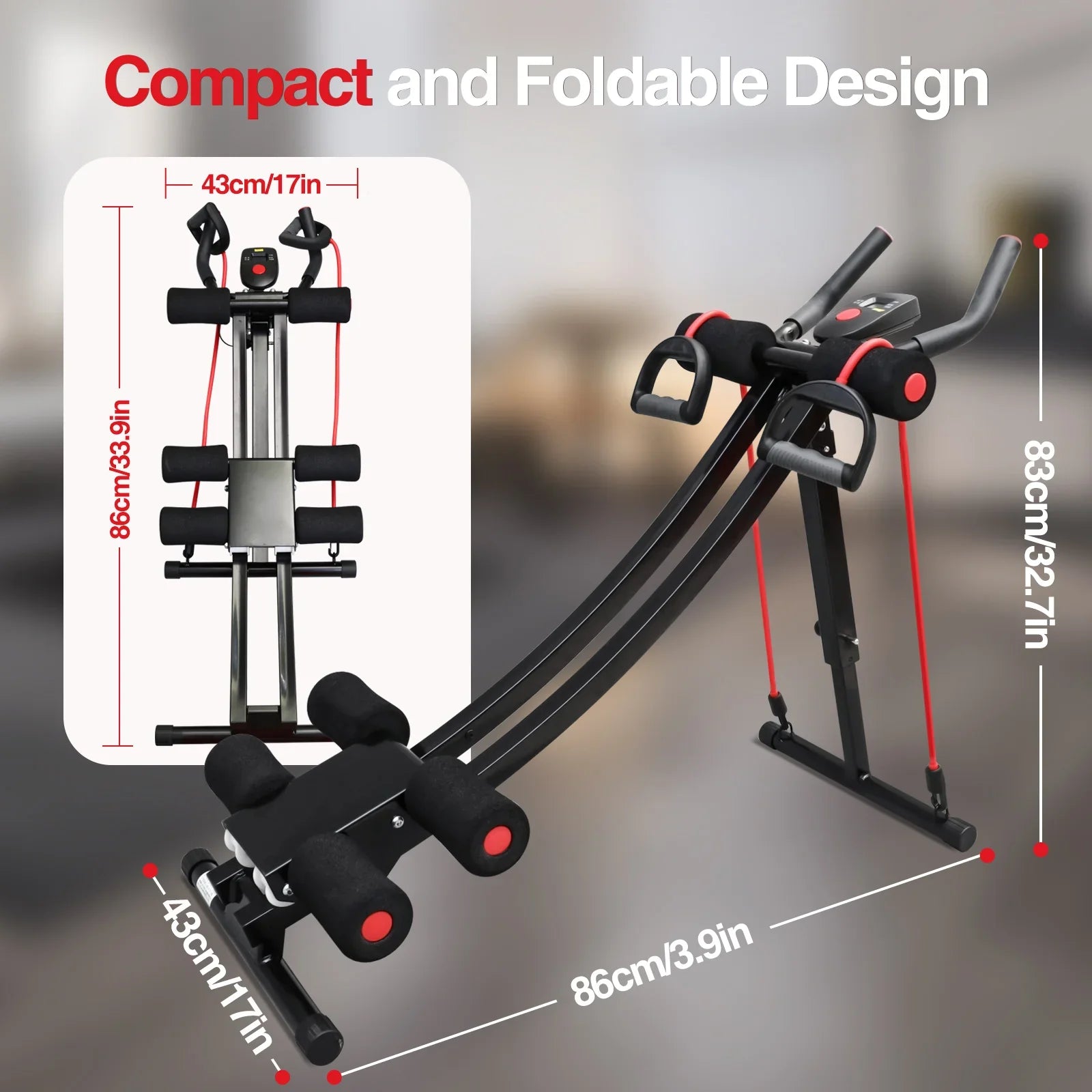 GIKPAL foldable ab machine for home gym showing compact and foldable design dimensions with workout features.