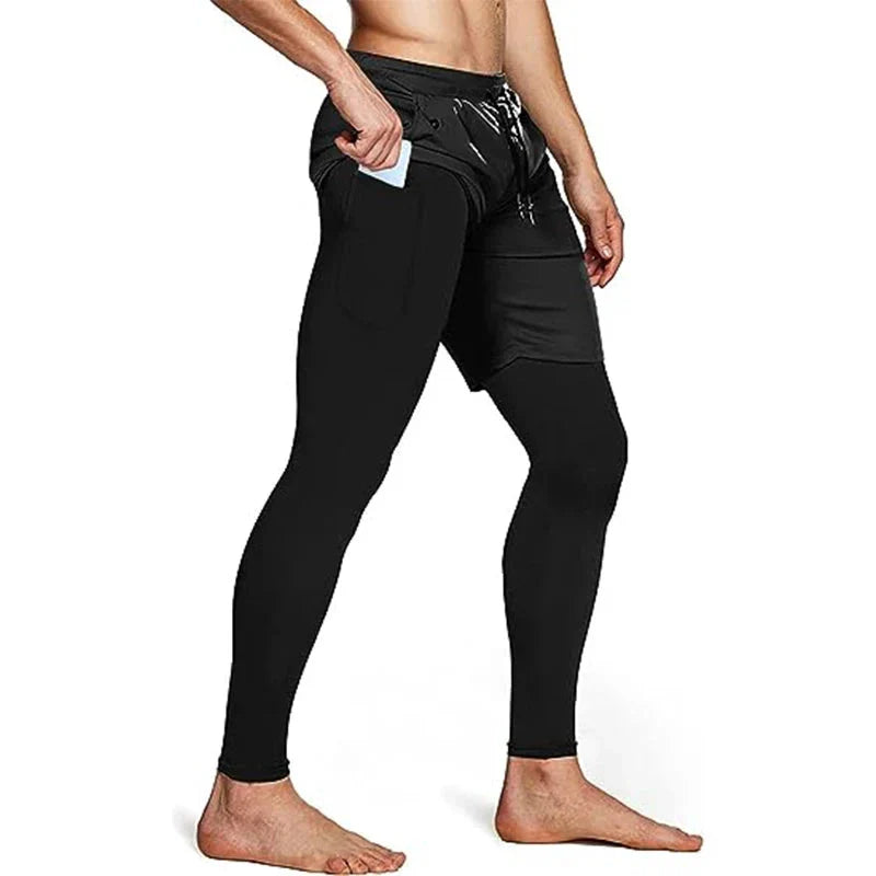 Men’s 2-in-1 Quick-Dry Training Pants shown on a model, featuring a compression layer and side pocket for convenience.