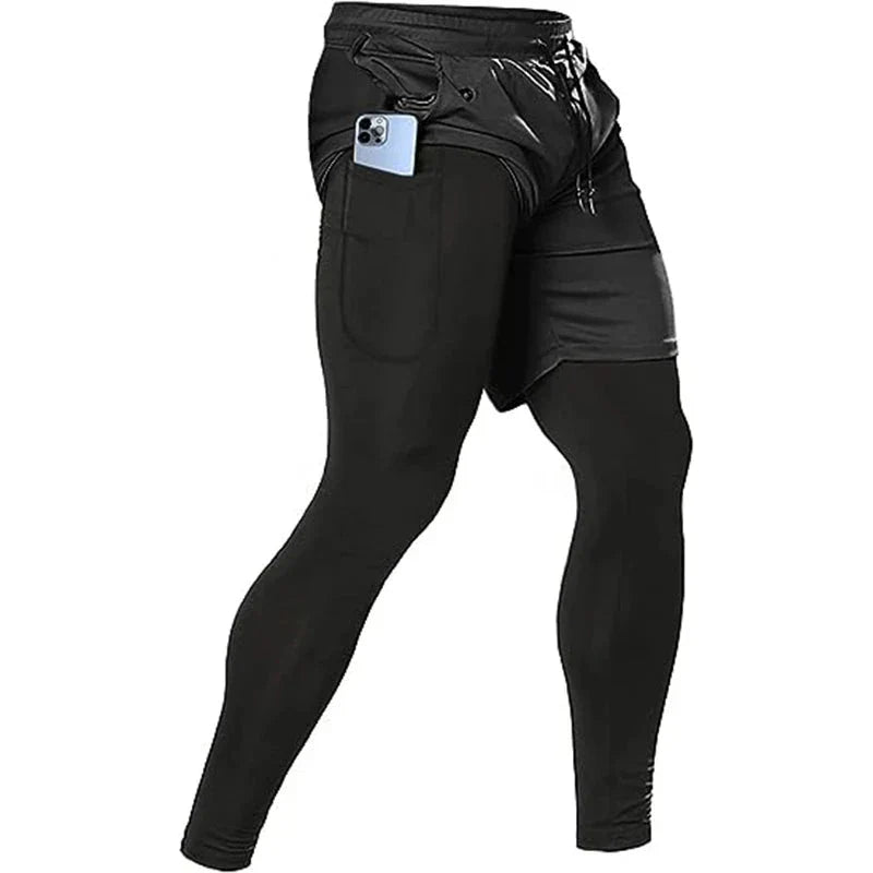 Men’s 2-in-1 Quick-Dry Training Pants with a pocket for phone, designed for comfort and performance in workouts.