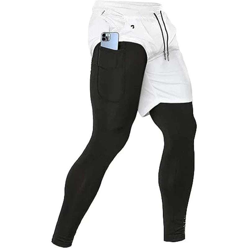 Men’s 2-in-1 Quick-Dry Training Pants featuring a built-in compression layer and pocket for convenience.