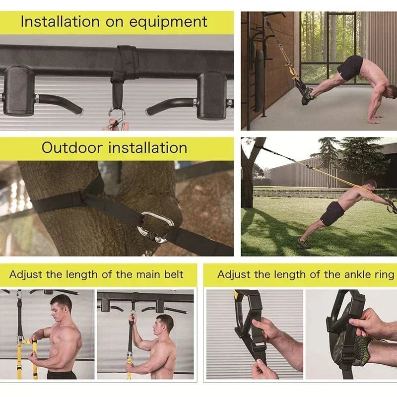 Installation examples of Adjustable Suspension Training Belt for Fitness Workouts, including outdoor and adjustable length features.