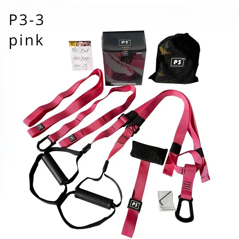 Adjustable Suspension Training Belt for Fitness Workouts in pink with accessories and packaging.