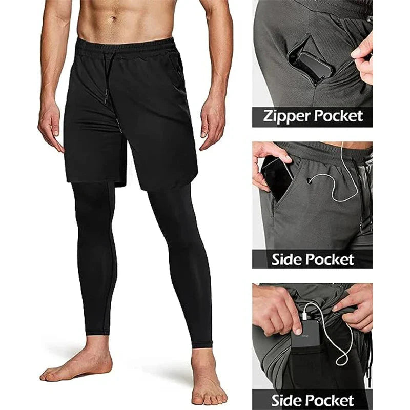 Men’s 2-in-1 Quick-Dry Training Pants featuring built-in compression and functional pockets.