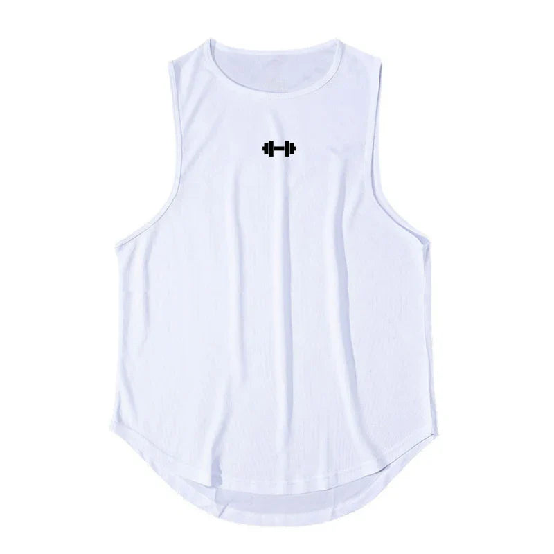 Summer Men's Gym Tank Top in white with a sleeveless design and front dumbbell logo.