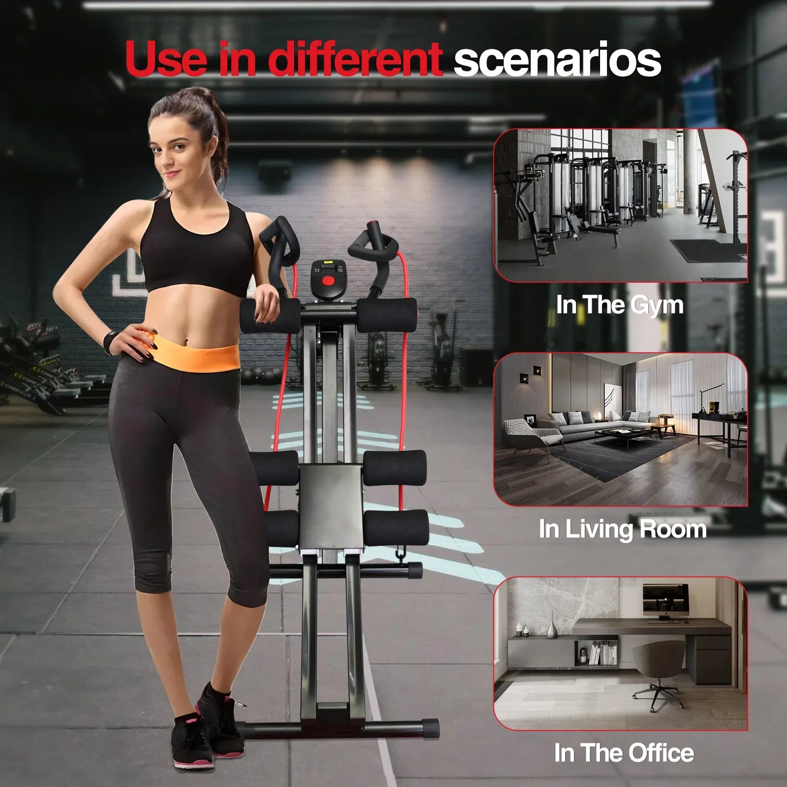 GIKPAL foldable ab machine for home gym used in various settings including gym, living room, and office.