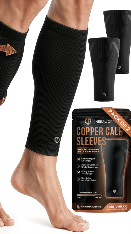 Copper Calf Compression Sleeves 2 Pack displayed on a person's legs, showing benefits of support and recovery.