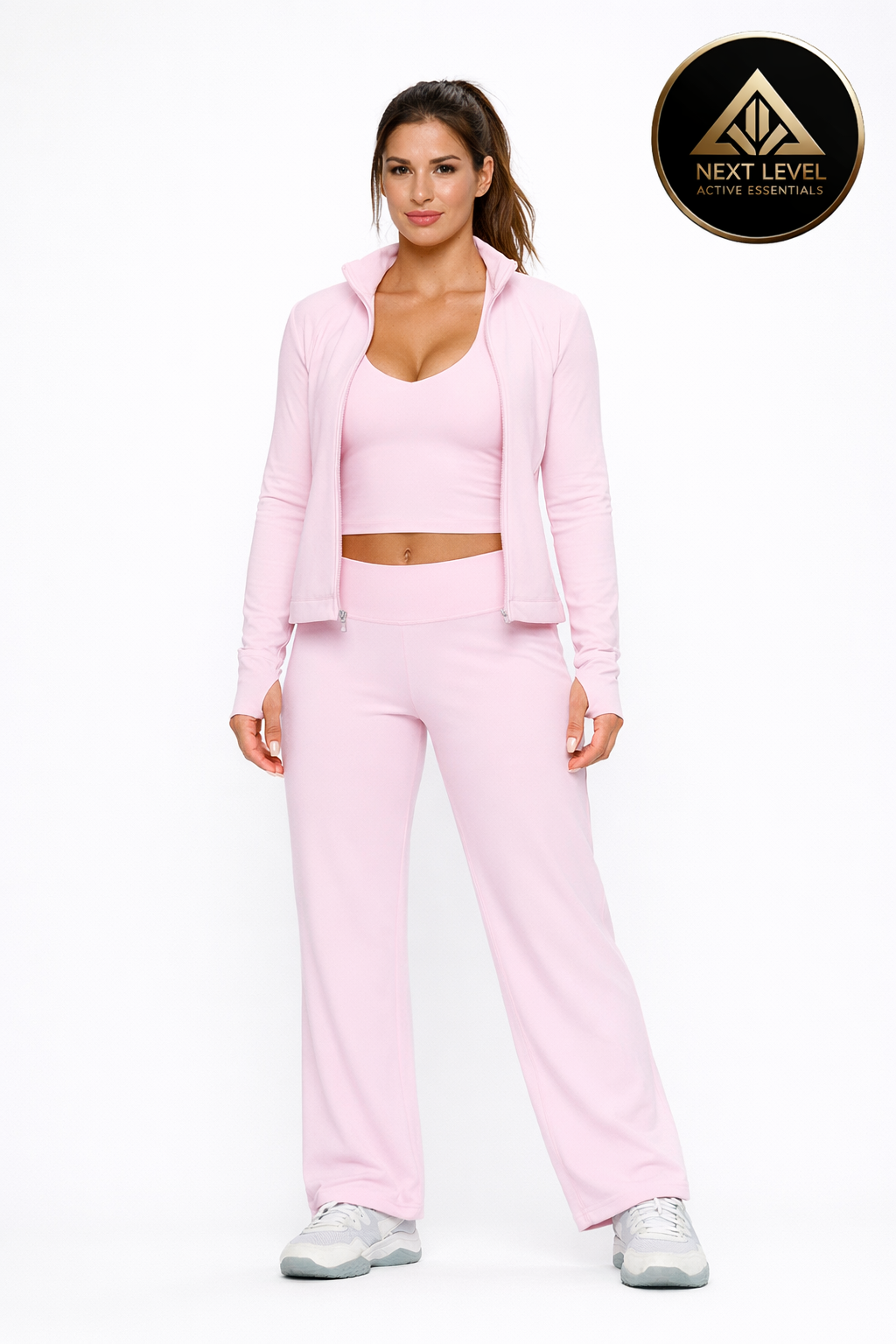 Twirl Zip Jacket Halter Tank Top & Straight‑Leg Pants Set | High-End 3‑Piece Activewear – Fitglutes
