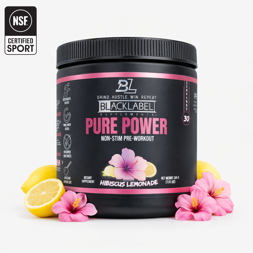 Product image of PURE POWER NSF CERTIFIED FOR SPORT PERFORMANCE non-stimulant pre-workout with hibiscus lemonade flavor.