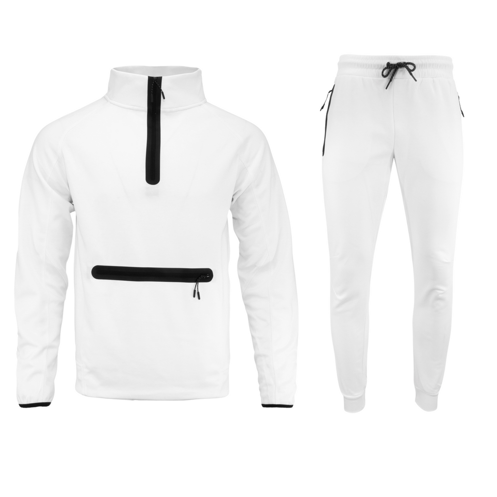 Men's Ultra Tech Fleece Set in white, featuring zip-up pullover and matching joggers for stylish comfort.