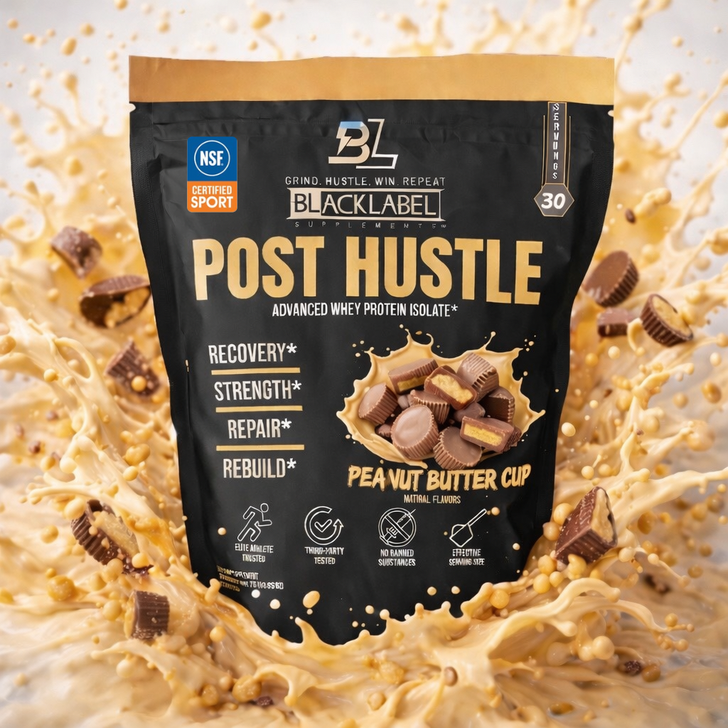 POST HUSTLE AKA THE KING OF RECOVERY protein powder with peanut butter cup flavor and splashes of protein shake.