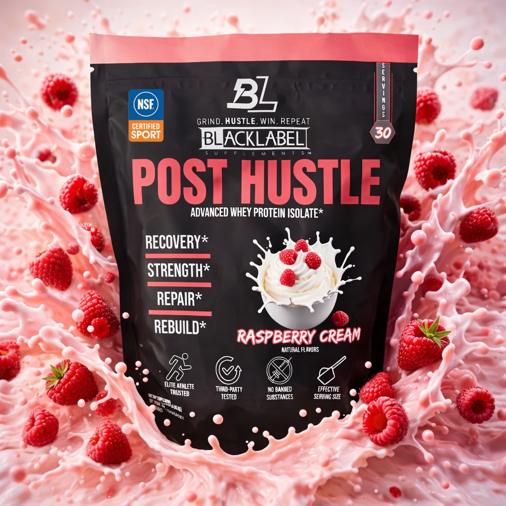 POST HUSTLE AKA THE KING OF RECOVERY whey protein isolate with raspberry cream flavor in a dynamic splash background.