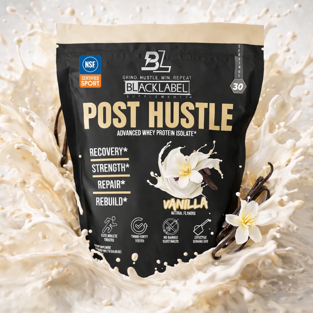 POST HUSTLE AKA THE KING OF RECOVERY whey protein isolate packaging in vanilla flavor with splashes of milk.