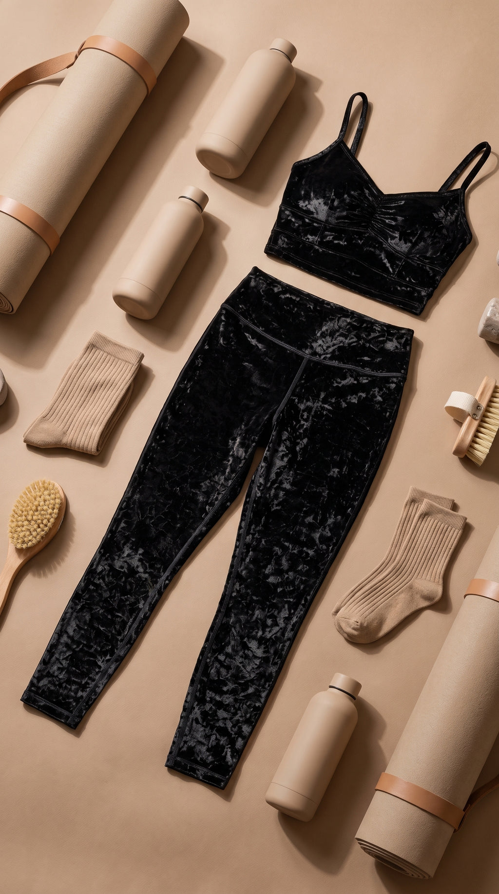 Velvet Cropped Leggings Made in USA displayed with matching top and accessories on a neutral background.