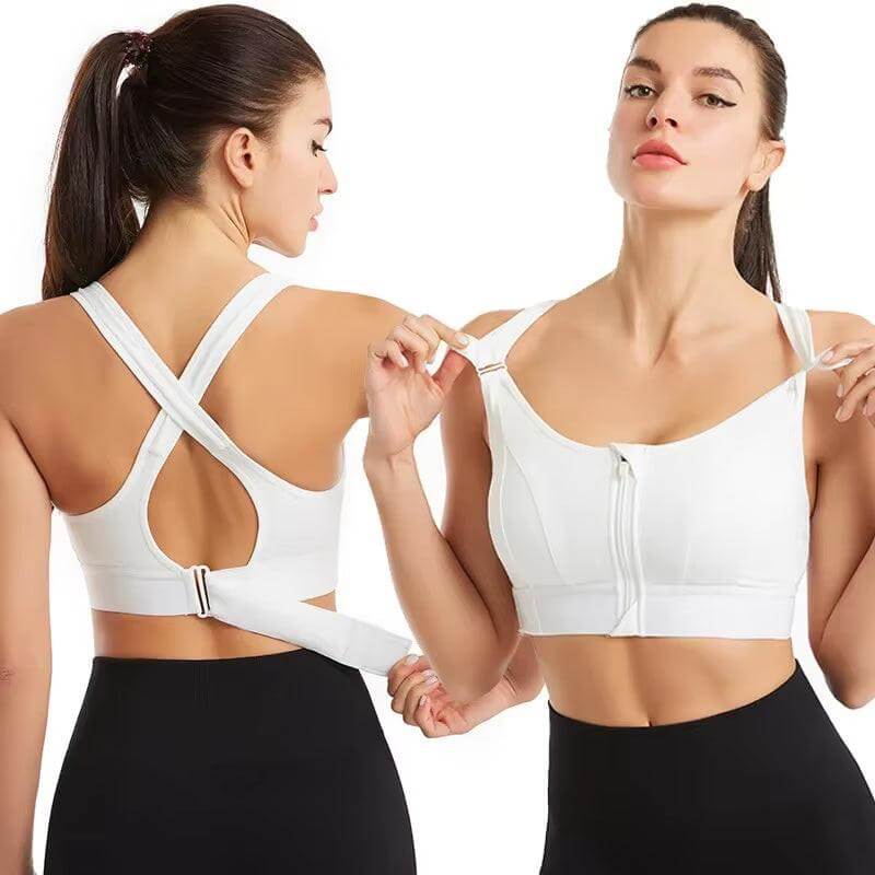 Front-Zip High-Impact Sports Bra – Adjustable Support for Active Women in white, showcasing front zipper and adjustable straps.
