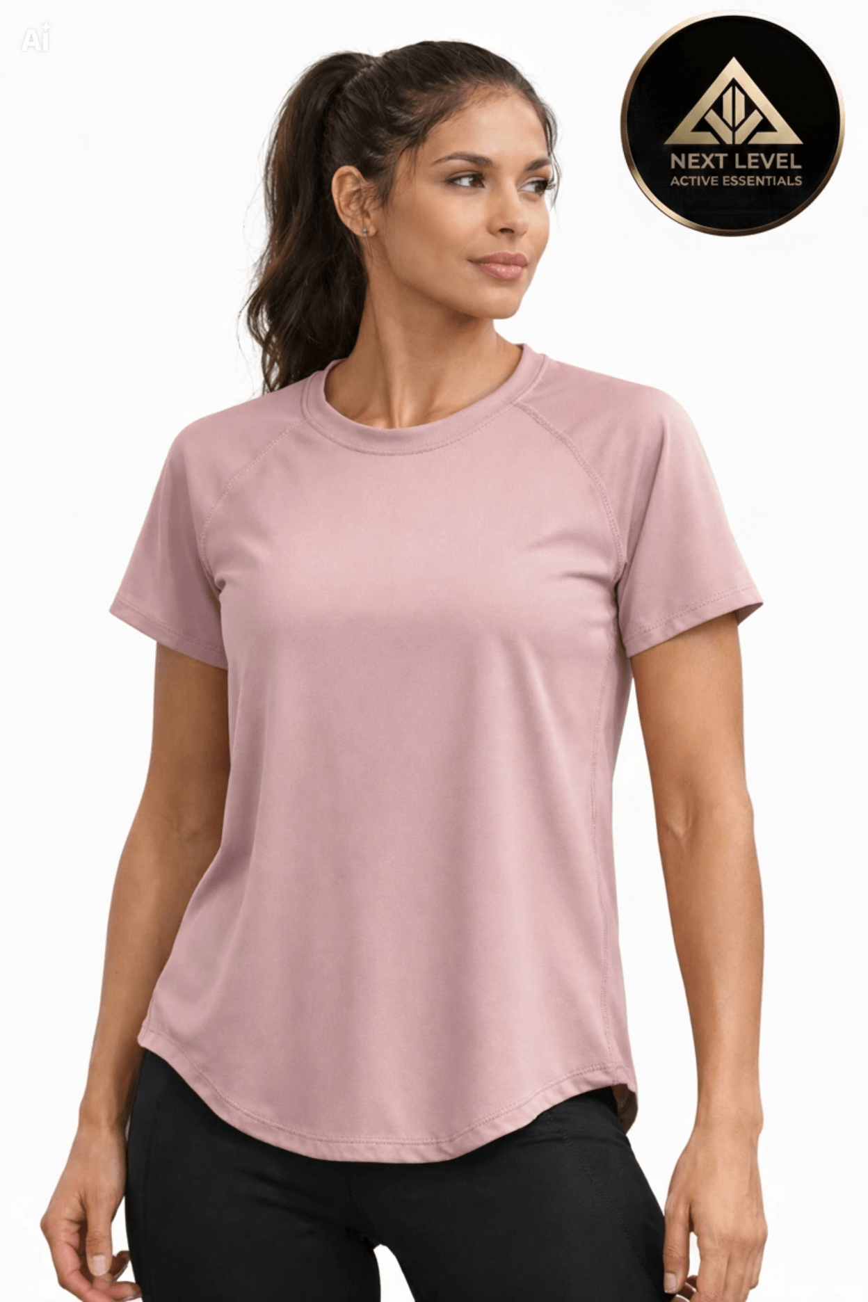 Woman wearing a pink t-shirt with a visible brand logo on a white background